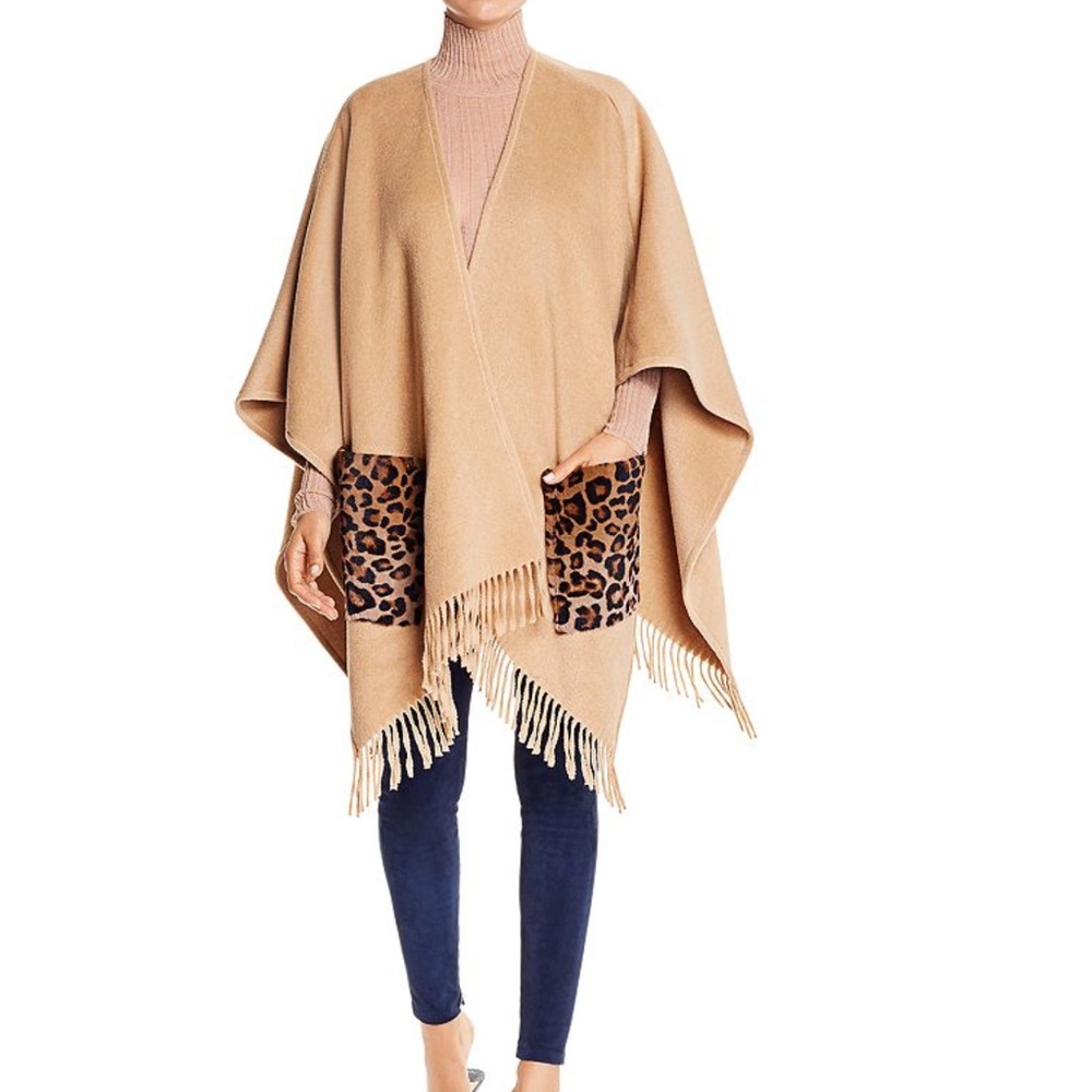 Elie Tahari Carolina Leopard Print Cape Size M L Kangaroo Fur Pocket  In Camel
